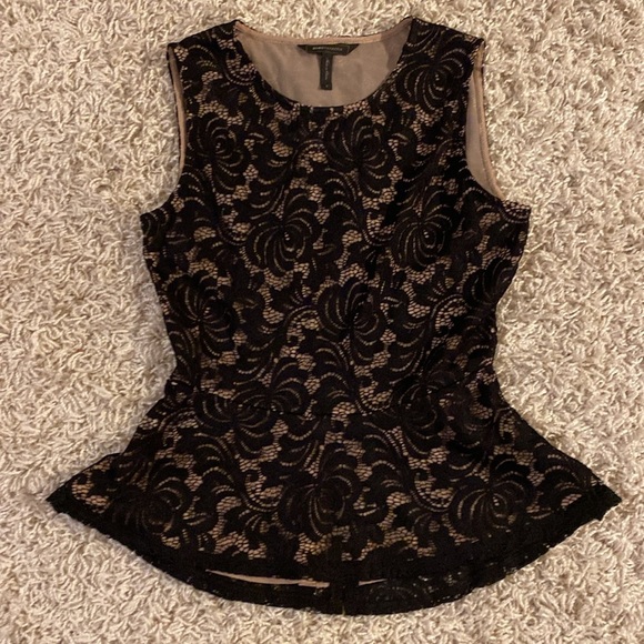 BCBGMaxAzria Black and Tan Embellished Peplum Blouse size S - Picture 3 of 5